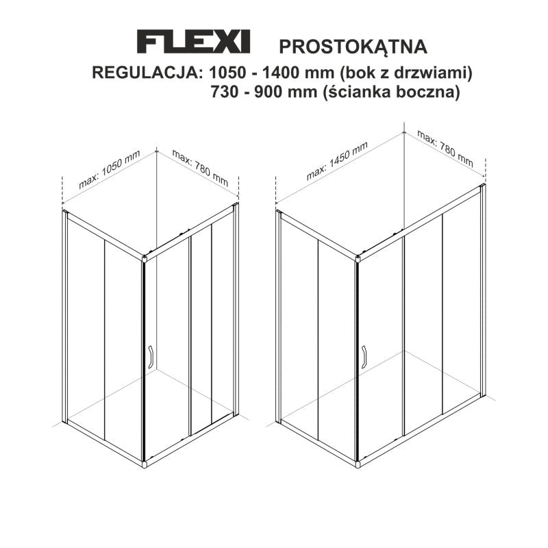 Rektangulært brusekabine Durasan Flexi med justerbare mål 73-90 x 105-140 cm i mat-sort finish