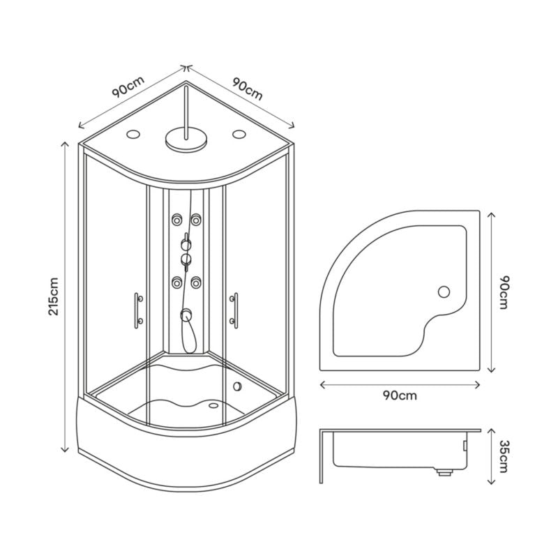 Onega hydromassage brusekabine 90 cm halvrund med høj tag og brusekar