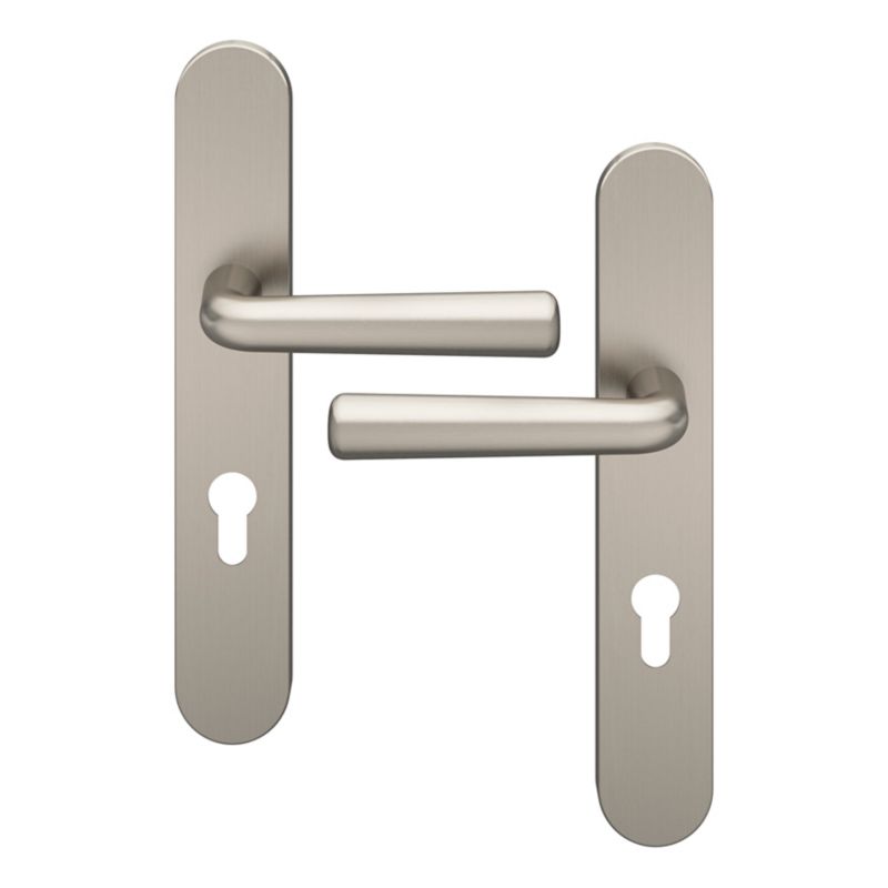 GoodHome Solid dørhåndtag med roset og nøglehul, satin-nikkel