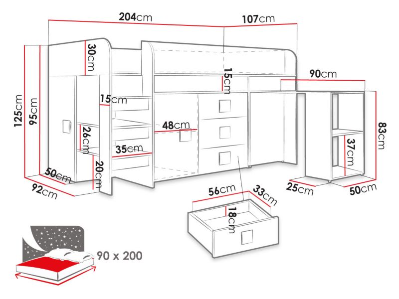 Køjeseng med skrivebord Toledo 1 204x107 cm Hvid Højglans
