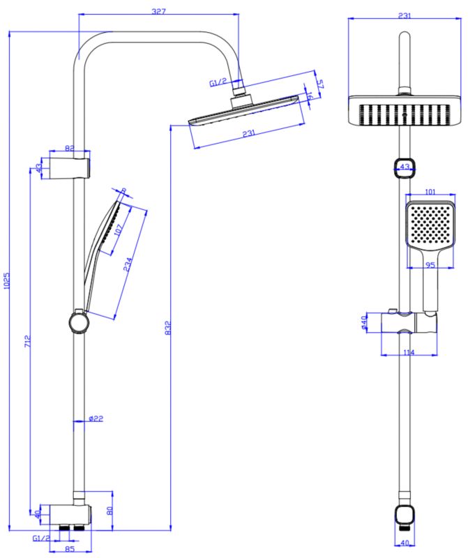 Mode brusekolonne med kvadratisk regnbruser i mat-sort