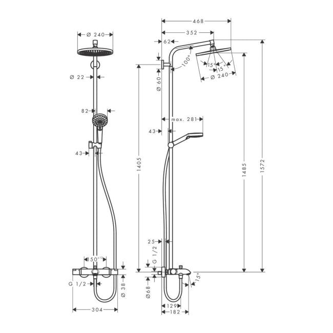 Hansgrohe Crometta badekar‑og‑brusekolonne Ø 24 cm med 3 funktioner og termostatbatteri