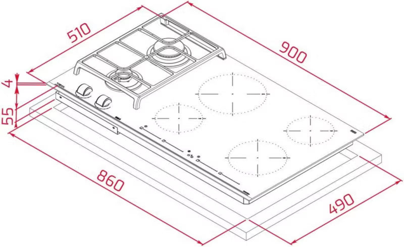 Kombikogeplade Induktion og Gas 90x51 cm Sort Glas