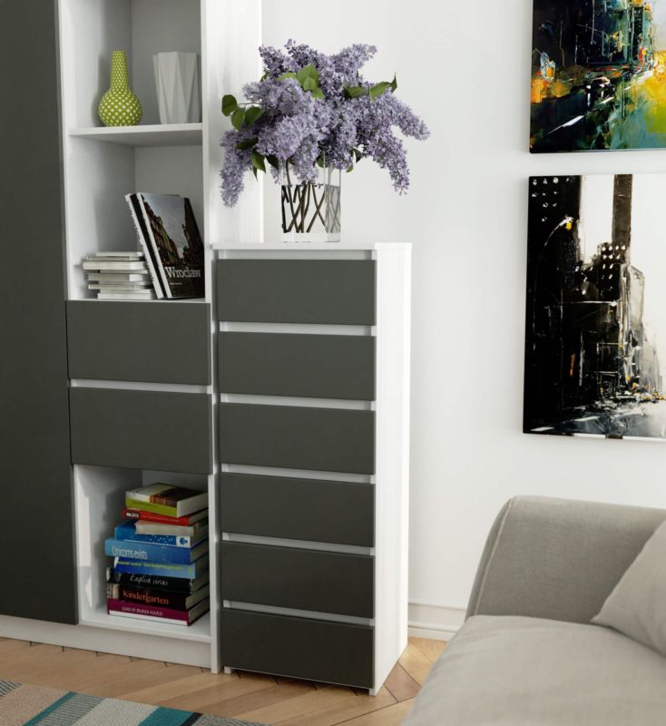 Akord CL6 kommode hvid 40 cm med 6 skuffer, front i mat grafitgrå, 40x35x109 cm, 1 stk.