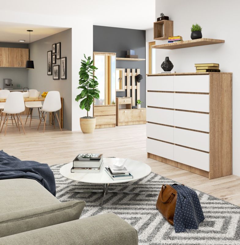 Akord K120 kommode i Sonoma eg 120 cm med 10 skuffer, mat hvid, 120x40x121 cm, 1 stk.