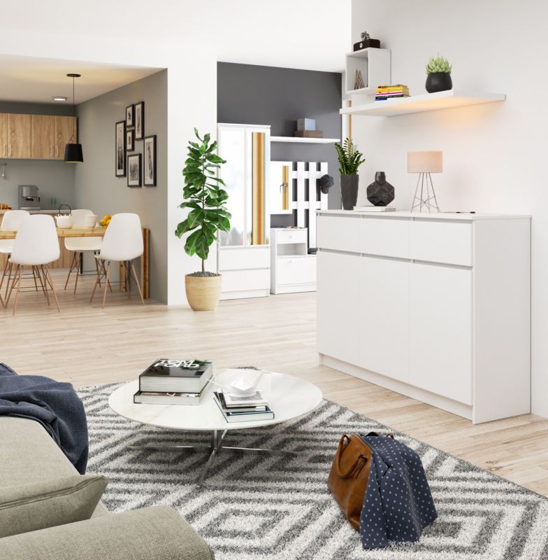 Kommode Akord K140 Hvid 138 cm 3 døre 3 skuffer mat hvid farve 6 hylder 138x40x99 cm 1 stk.