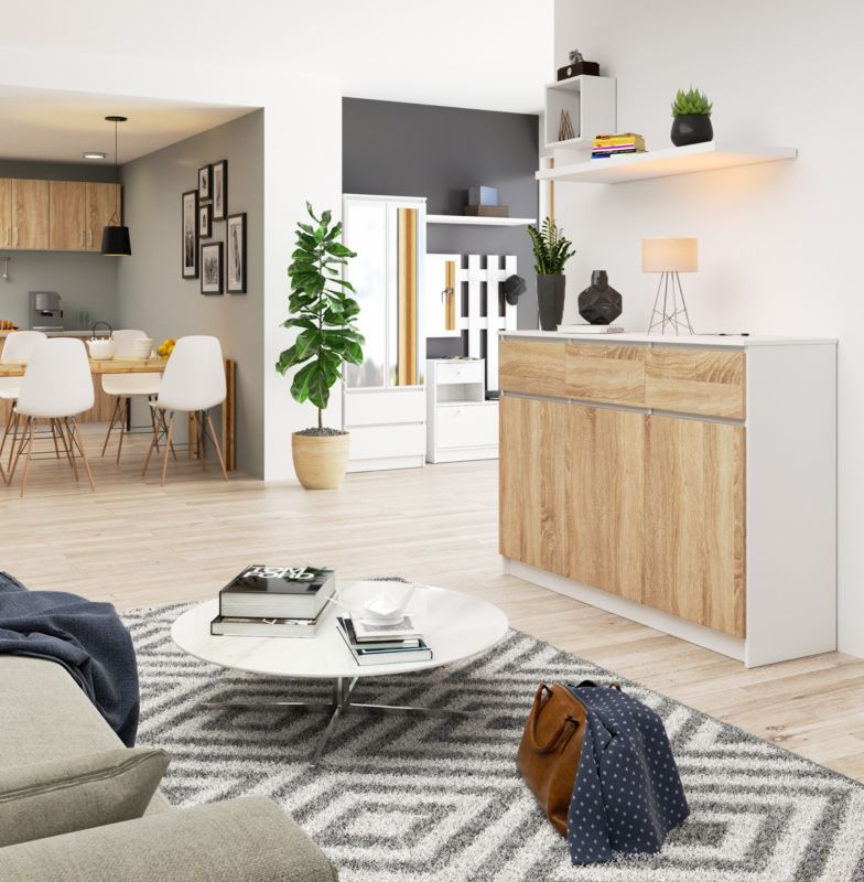 Kommode Akord K140 Hvid 138 cm 3 døre 3 skuffer i Sonoma Eg mat med 6 hylder 138x40x99 cm 1 stk.