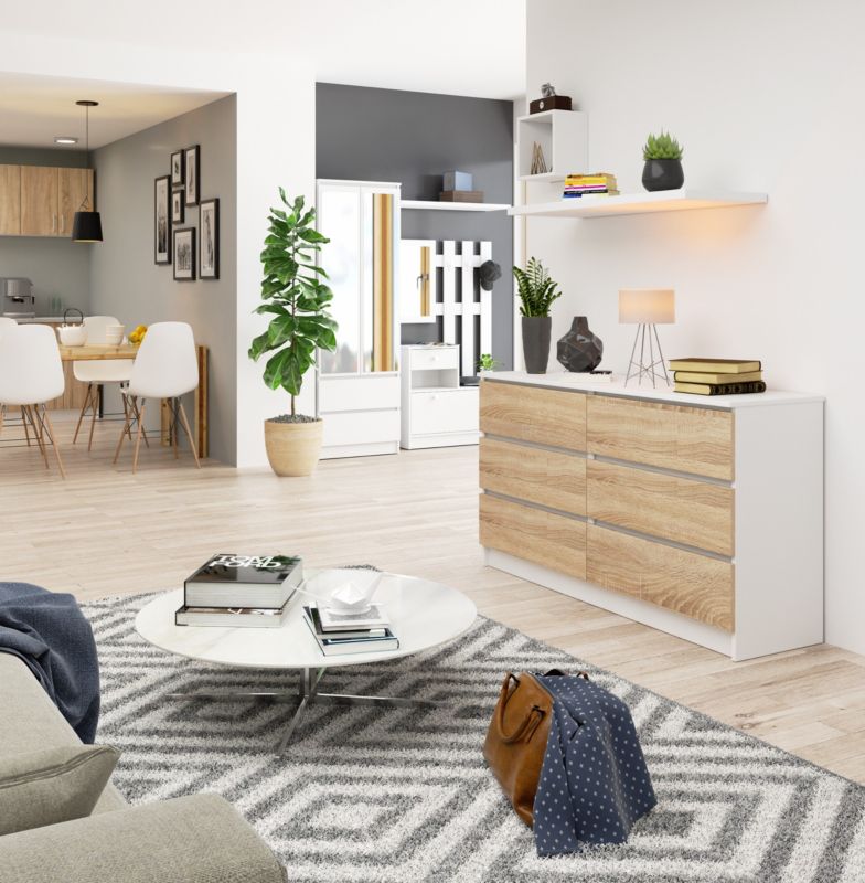 Akord K140 kommode hvid 138 cm 6 skuffer i mat Sonoma eg 138x40x77 cm 1 stk.