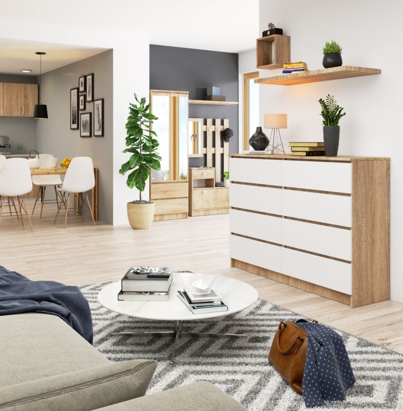 Akord K140 kommode i sonoma-eg med 8 skuffer, 138 cm, mat hvid, 138x40x99 cm, 1 stk.