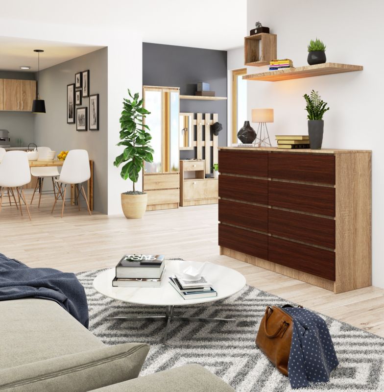 Akord K140 kommode i Sonoma eg 138 cm med 8 skuffer i mat wenge 138x40x99 cm 1 stk.