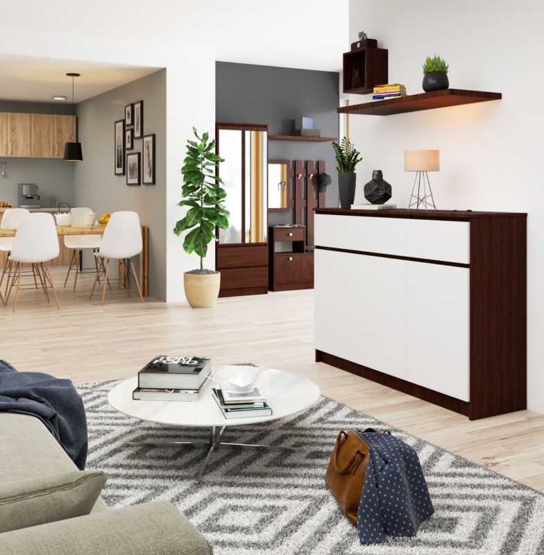 Kommode Akord K140 Wenge 138 cm 3 døre 3 skuffer hvid mat 6 hylder 138x40x99 cm 1 stk.