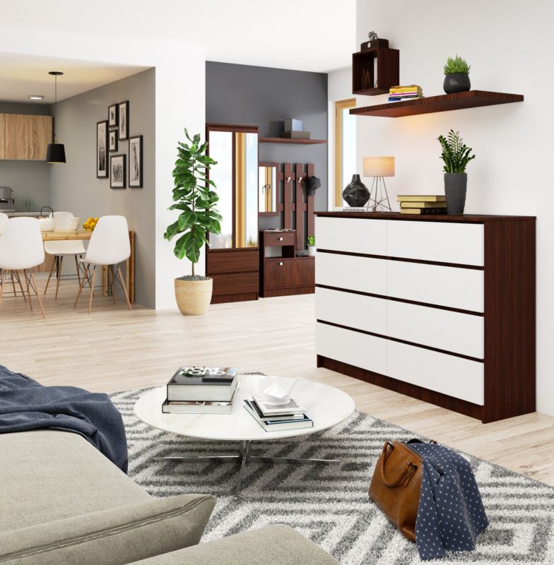 Akord K140 kommode i wenge med 8 skuffer, 138 cm, mat hvid, 138x40x99 cm, 1 stk.