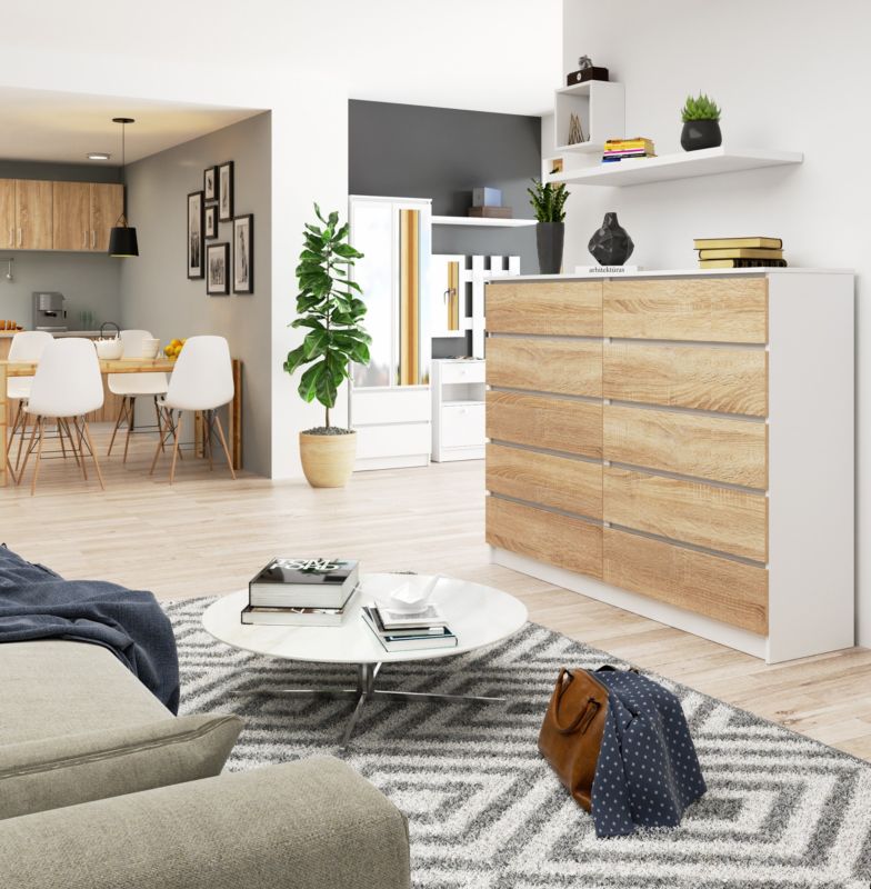 Kommode Akord K160 Hvid 160 cm med 10 skuffer, Sonoma Eg mat, 160x40x121 cm, 1 stk.