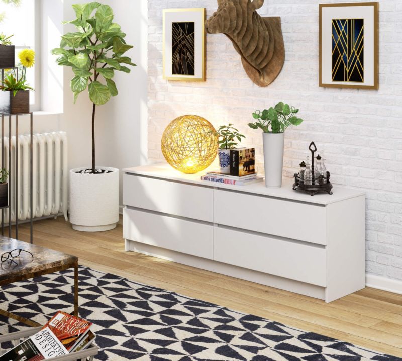 Kommode Akord K160 hvid 160 cm med 4 skuffer, mat hvid, 160x40x55 cm, 1 stk.