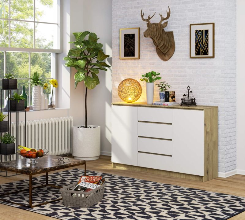 Kommode Akord K160 Artisan Eg 160 cm 2 døre 4 skuffer hvid mat 4 hylder 160x40x99 cm 1 stk.