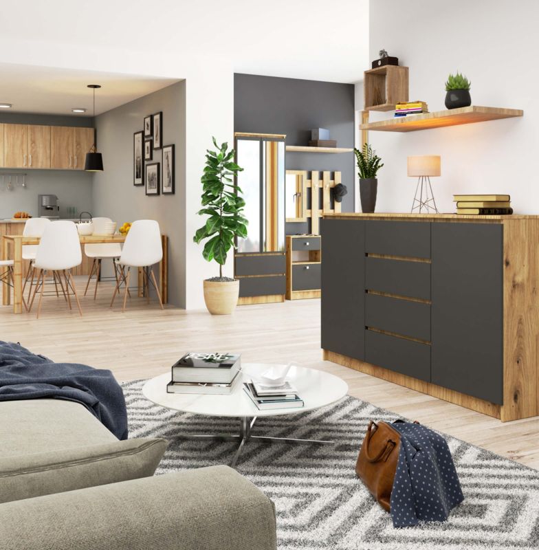 Kommode Akord K160 Eg Artisan 160 cm 2 døre 4 skuffer grafitgrå mat 4 hylder 160x40x99 cm 1 stk.