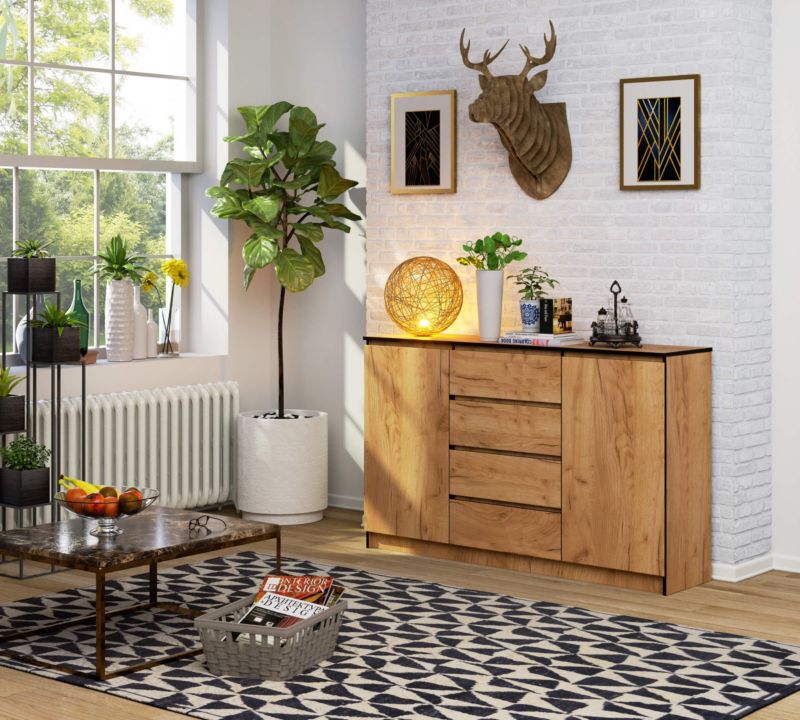 Kommode Akord K160 Eg Craft 160 cm 2 døre 4 skuffer farve Eg Craft mat 4 hylder 160x40x99 cm 1 stk.