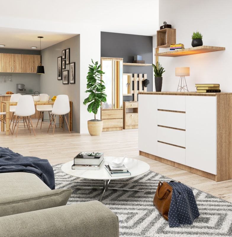 Kommode Akord K160 Eg Sonoma 160 cm 2 døre 4 skuffer hvid mat 4 hylder 160x40x99 cm 1 stk.