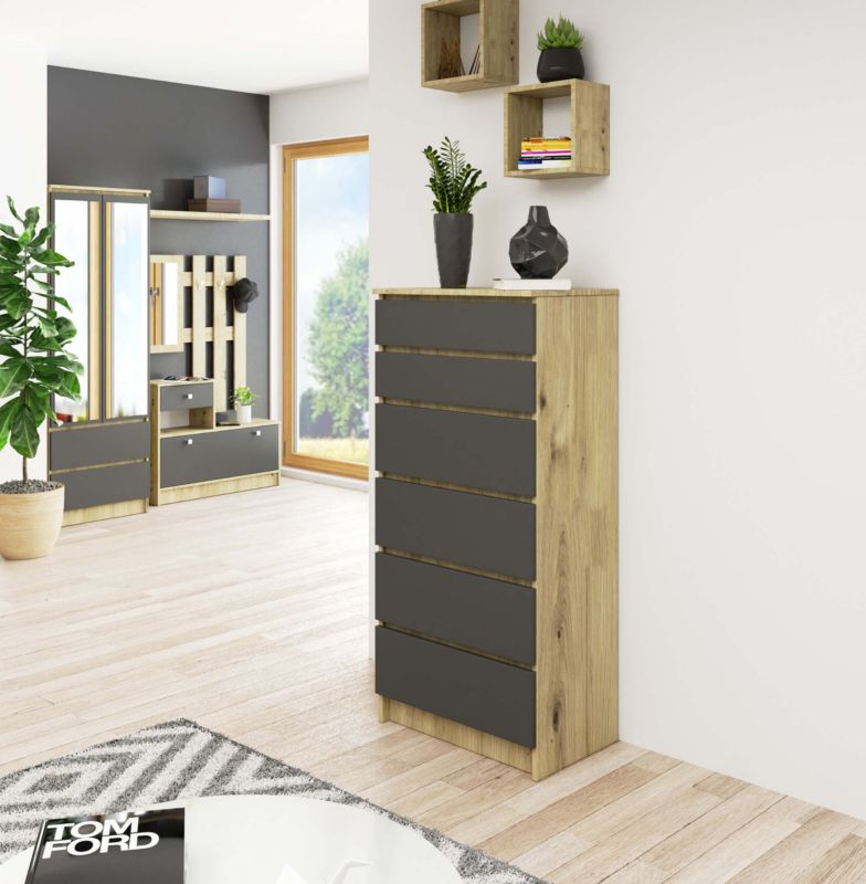 Kommode Akord K60 Artisan Eg 60 cm med 6 skuffer, mat grafitgrå, 60x40x130 cm, 1 stk.