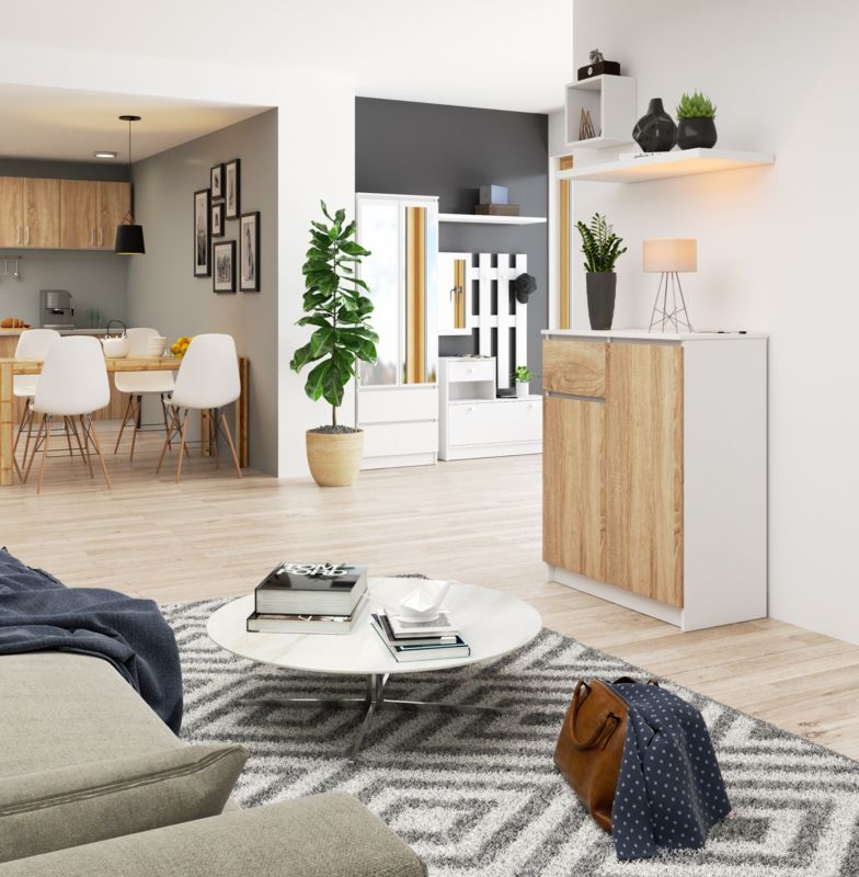 Kommode Akord K80 hvid 80 cm 2 døre 1 skuffe farve Sonoma eg mat 4 hylder 80x40x99 cm 1 stk.