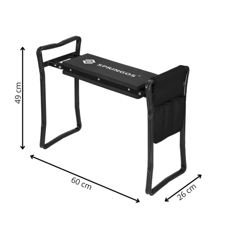 Springos haveklapstol til lugning med værktøjsorganizer, foldbar arbejds-knæpude, sort 1 stk.