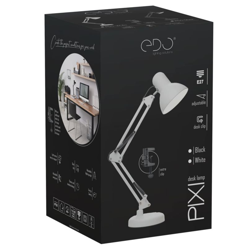 Pixi White E27 bordlampe i hvid med base og clips EDO777536, 1 stk.