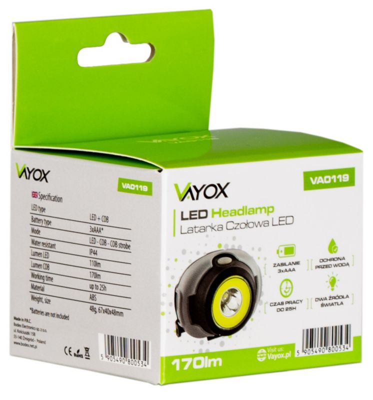 Vayox VA0119 pandelampe med batteri, 170 lm, 1 stk.