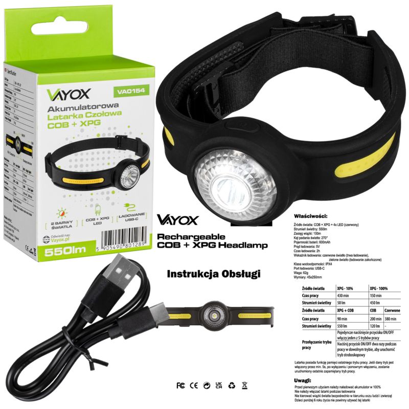 Vayox VA0154 pandelampe med genopladeligt batteri, silikone, 550 lm, 1 stk.