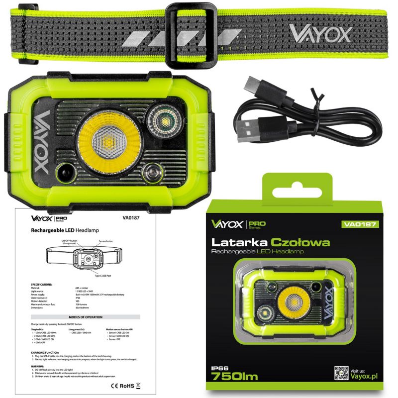 Vayox VA0187 genopladelig pandelampe med bevægelsessensor 750 lm, 1 stk.