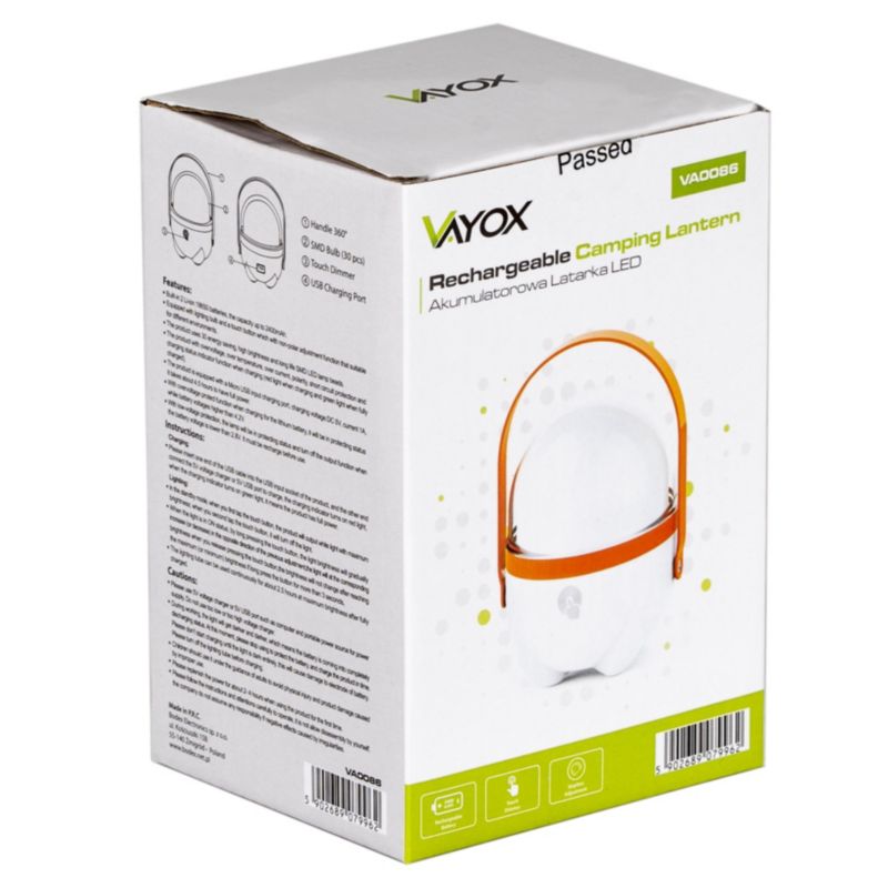 Vayox VA0086 genopladelig campinglygte med touchbetjening, 1 stk.