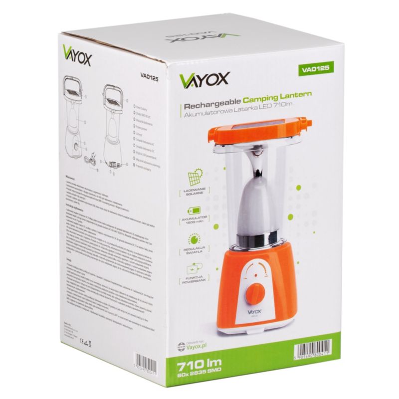 Vayox VA0125 campinglygte med genopladeligt batteri, solcelle og powerbank, 710 lm, 1 stk.