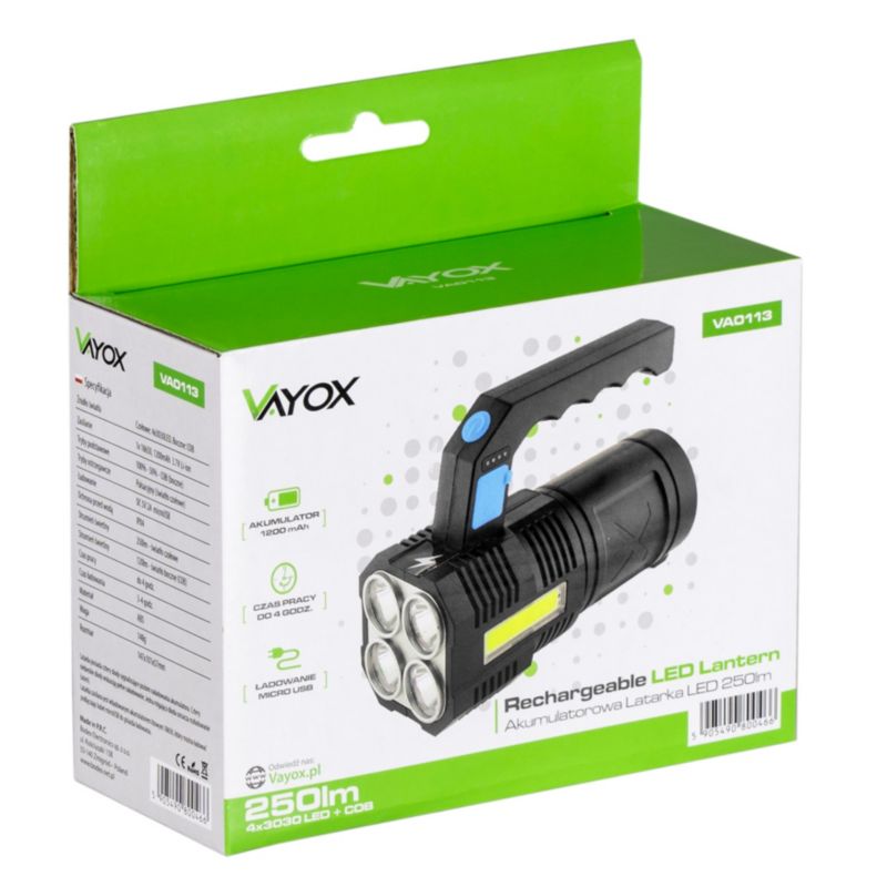 Vayox VA0113 genopladelig LED-lygte med sidelyst 250 lm, 1 stk.