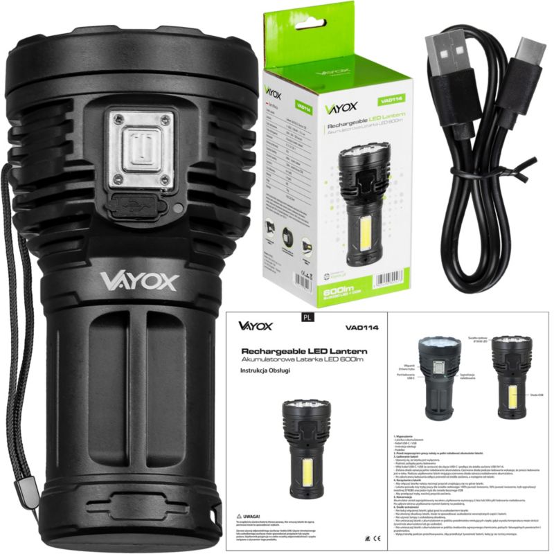 Vayox VA0114 genopladelig LED-lygte med sidelampe 600 lm, 1 stk.