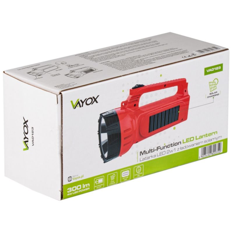 Vayox VA0123 genopladelig søgelygte med solcelle og sidelampe, 400 lm, 1 stk.