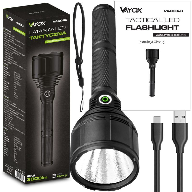 Vayox VA0043 taktisk genopladelig lommelygte, vandtæt IPX6, 3000 lm, 1 stk.