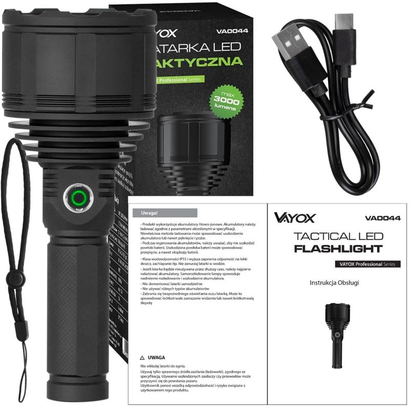 Vayox VA0044 taktisk genopladelig lommelygte, vandtæt IPX6, 3000 lm, 1 stk.