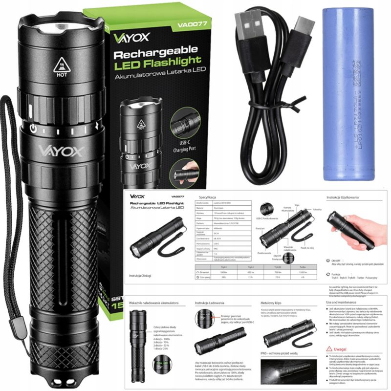 Vayox VA0077 taktisk genopladelig lommelygte, vandtæt IP65, 1500 lm, 1 stk.