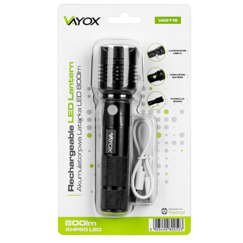 Vayox VA0116 taktisk genopladelig lommelygte med ZOOM, 800 lm, 1 stk.