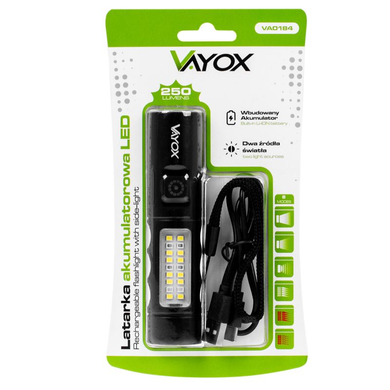 Vayox VA0184 taktisk lommelygte med genopladeligt batteri, sidelampe 250 lm, 1 stk.