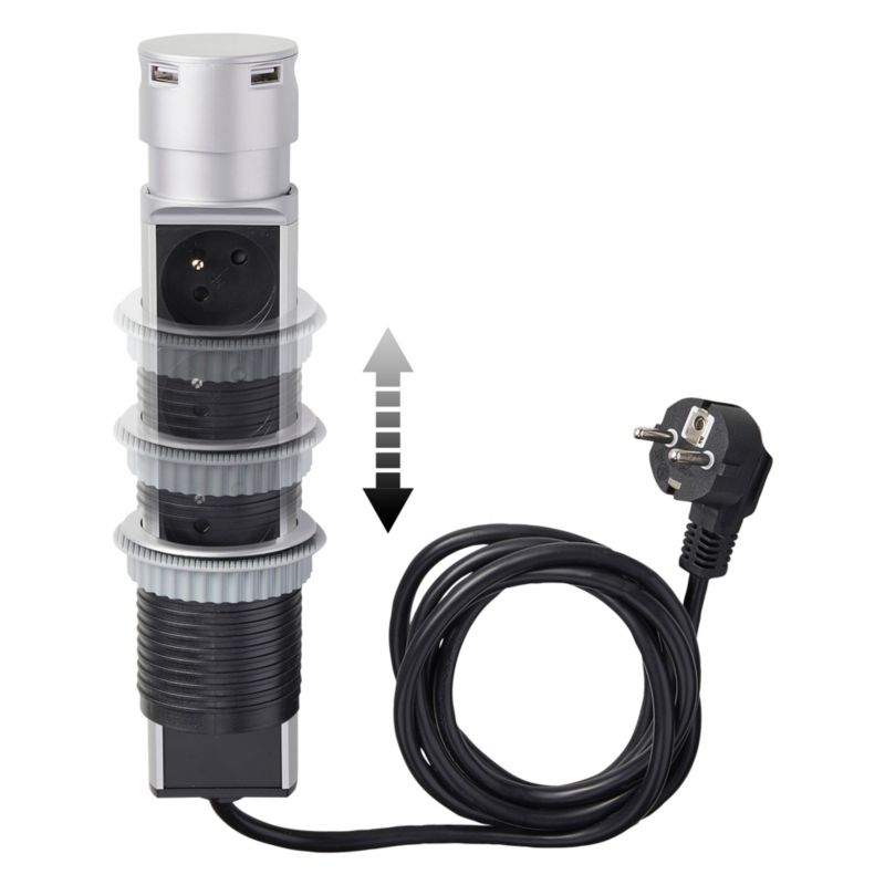 Udtrækkelig Otio-list med 3 jordede stik 16 A, 2 USB, 3 x 1,5 mm², 2 m