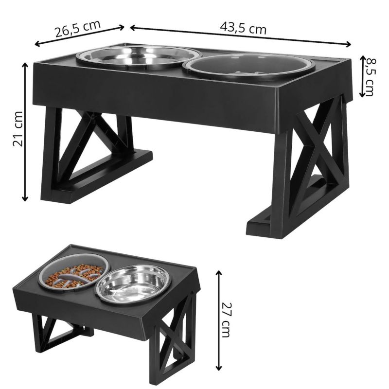 Springos 2-i-1 mad- og vandskål med højdejusterbar stander, sort, 1 stk.