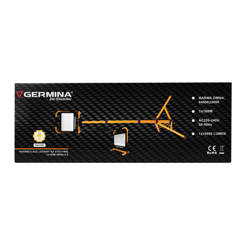 LED-arbejdslampe Germina 100W på stativ 2-i-1 lav/høj IP65 1 stk.