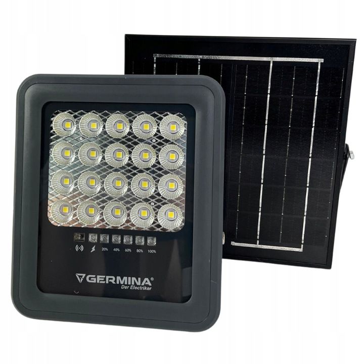 Germina 100W solcelledrevet LED‑projektør IP65 med fjernbetjening – udendørslampe, 1 stk.
