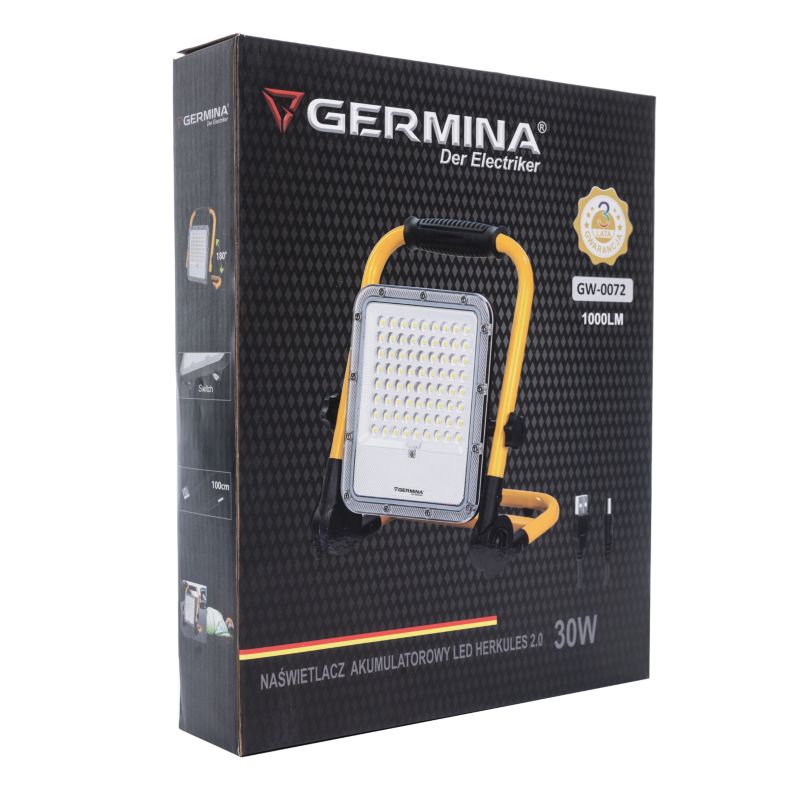 LED-arbejdslampe Germina 30W med batteri og stativ – bærbar lampe med 12 timers driftstid, 1 stk.