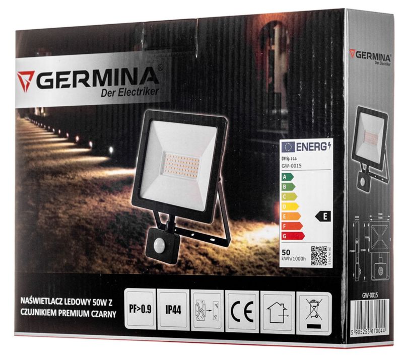 LED-spot Germina 50W med bevægelsessensor, udendørslampe IP65, 1 stk.
