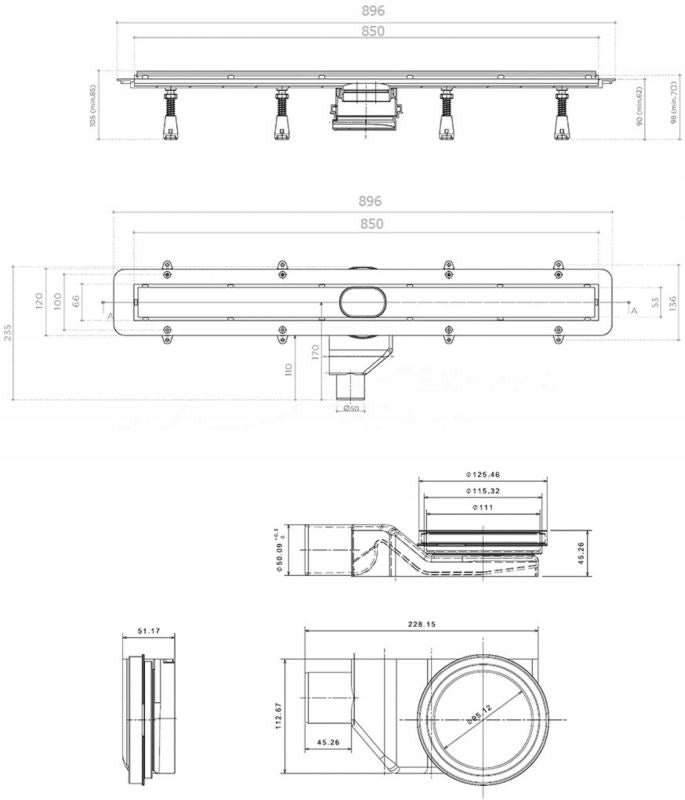 Pestan Confluo DRAIN LINE 850+ lineært bruseafløb med hvidt glas 85 cm, 1 stk.