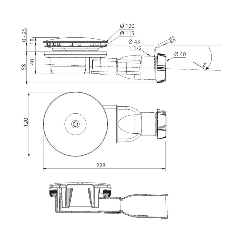Slim afløb til brusebund 90 mm med to propper
