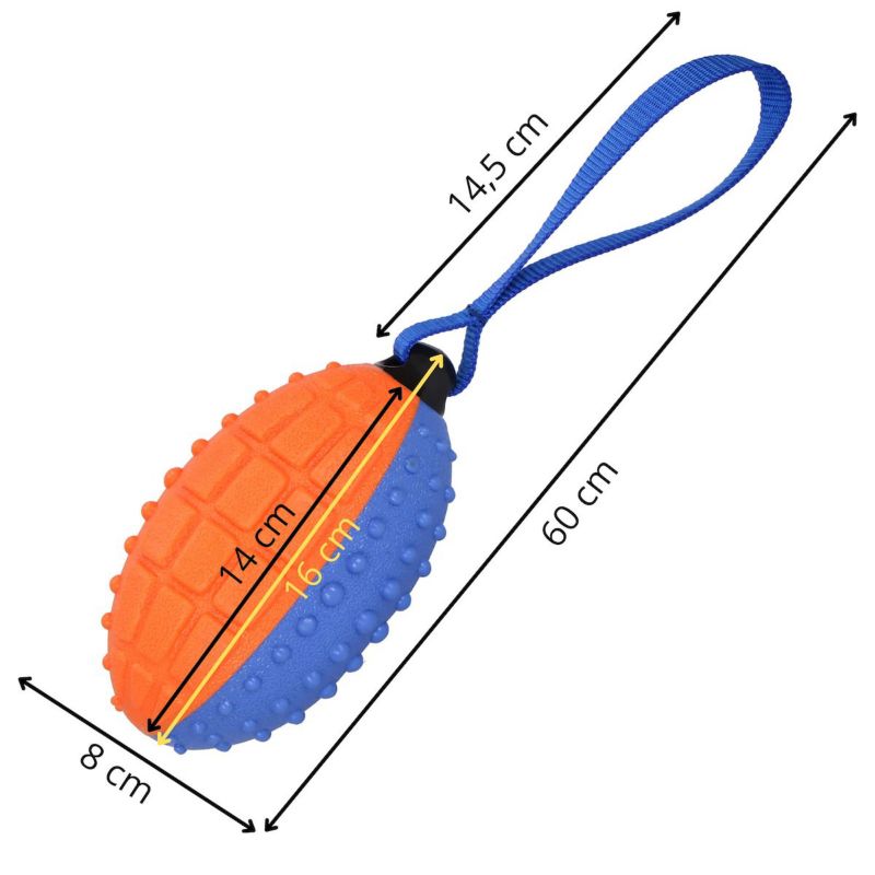 Springos pibelydende rugbybold til hund med snor, blå-orange, 1 stk.