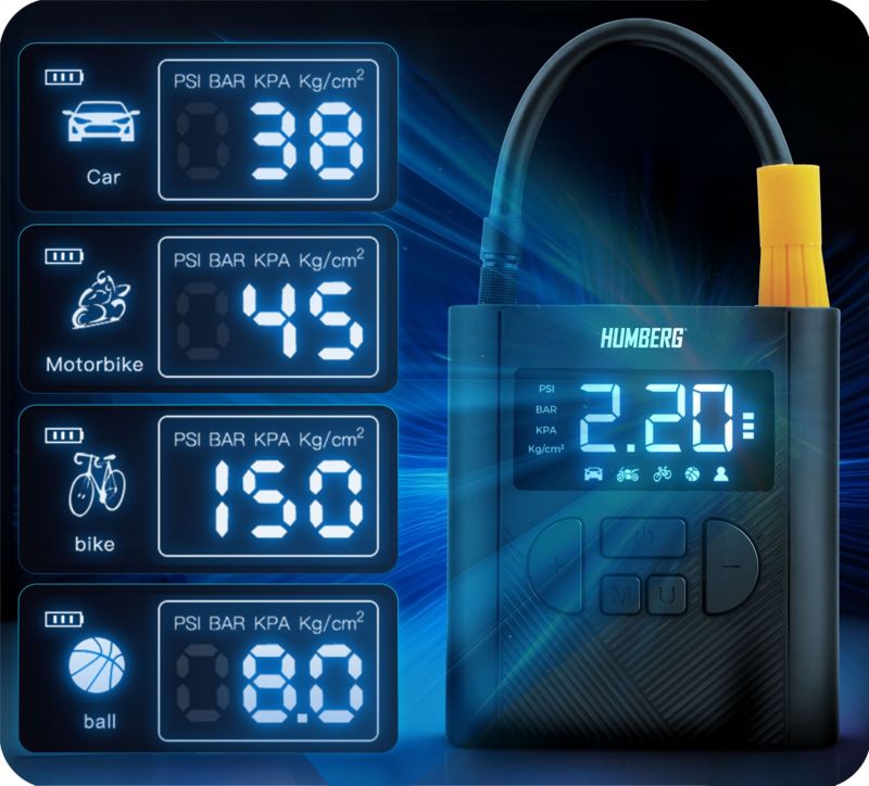 Humberg bærbar 12V akku-elektrisk cykel- og dækkompressor, 1 stk.