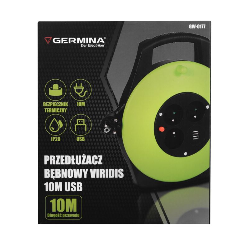 Germina kabeltromle 10 m 3x1,5 mm² 3 jordede stik + USB 16A IP20 1 stk.